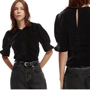 Scotch & Soda Planet Love Ruched Short Sleeve Black Velvet Top Size M NWT